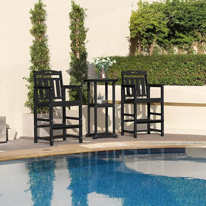 HDPE Outdoor Patio Bar Set with Bar Height Table and 2 Adirondack Chairs, All-Weather High Top Outside Round Pub Furniture for Bistro, Garden, Backyard, Deck | 3-Pieces, Matte Black