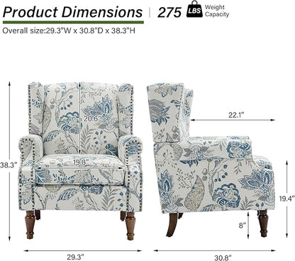 Accent Chair, Upholstered High Back Floral Armchair with Nailhead Trim & Wood Legs, Comfy Wingback Reading Single Sofa Chair for Small Spaces, Living Room, Bedroom ( Plants Blue Floral, Set of 1)
