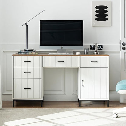 55" Executive Desk, Modern Wood Office Table with Charging Station, 5 File Drawer & 1 Storage Cabinet, Home Computer Writing Desk for Work Study, Living Room, Bedroom (White)