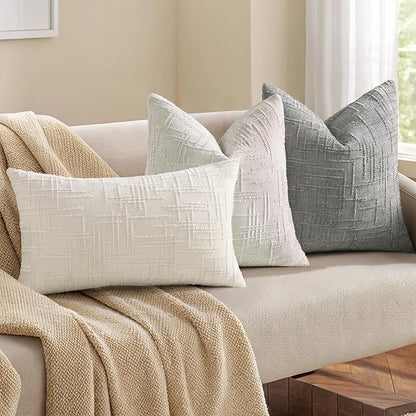 decorUhome Neutral Grey Chenille Throw Pillow Covers 18x18 Set of 2 Thick Textured Slubby Couch Pillow Covers Farmhouse Accent Modern Neutral Decorative Pillow Cases for Bed Sofa Living Room