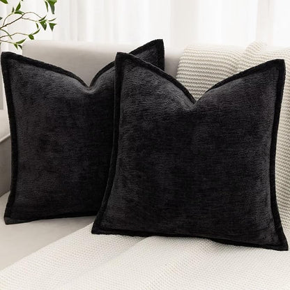 Black Decorative Throw Pillow Covers 20x20 Inch Set of 2 Cozy Soild Chenille Cushion Cases Soft Textured Square Couch Pillows Cover Boho Accent Farmhouse Pillowcases for Sofa Bed
