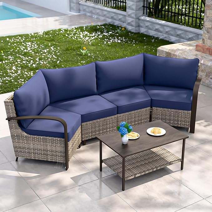 COOS BAY Aurora Terrace Half-Moon Outdoor Furniture Set, Rattan Conversation Set with Curved 4-Seat Sofa, Coffee Table, Seats 4, Beige/Blue