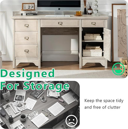 Chogori 55" Solid Wood Executive Desk, Farmhouse Office Computer Desk with 5 Drawers & Storage Cabinet, Wooden Writing Table for Home Office Study Bedroom,Gray
