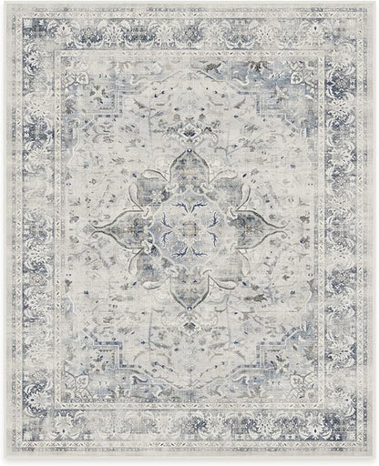 RUGGABLE Washable Vintage Area Rug – Sarrah Blue Quartz 8x10, Stain-Resistant, Non-Slip – Large Machine Washable Rugs for Living Room, Bedroom, Hallway, Entryway & Office–with Standard Pad