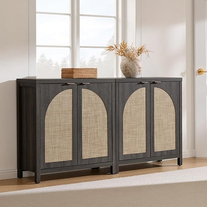 SICOTAS 68" W Rattan Sideboard Buffet Cabinet with Storage Set of 2, Modern Credenza with Arch Doors & Shelves, Boho Coffee Bar Media Console Cabinets for Kitchen, Living Room, Entryway, Black Oak