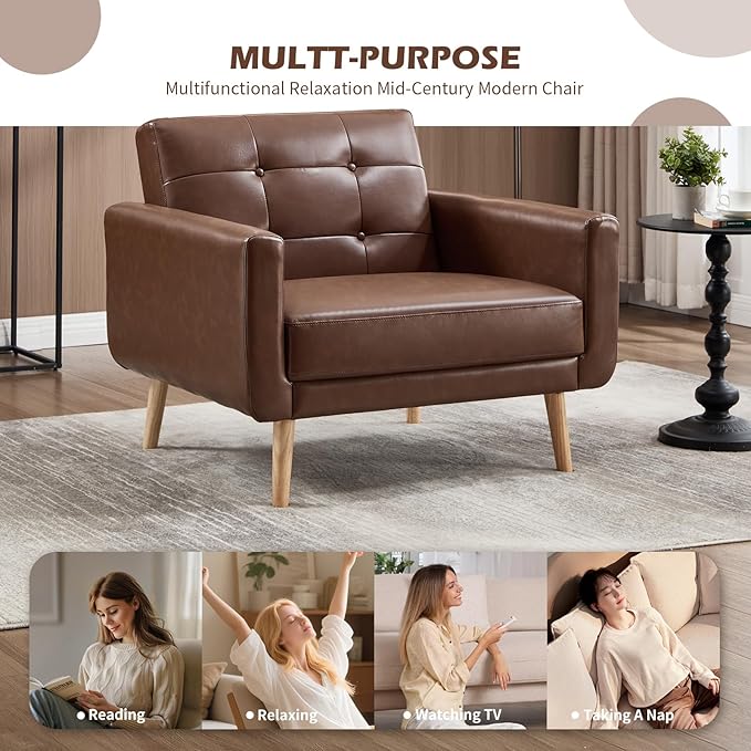 CANMOV 29" W Oversized Leather Accent Chair Set of 2, Armchair Button Back, Mid Century Modern Accent Chairs for Living Room, Modern Upholstered Bed Room Chair Cozy Armchair with Wood Legs, Brown