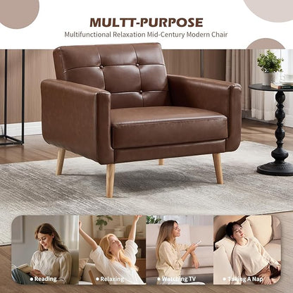 CANMOV 29" W Oversized Leather Accent Chair, Armchair Button Back, Mid Century Modern Accent Chairs for Living Room, Modern Upholstered Bed Room Chair Cozy Armchair with Wood Legs, Brown