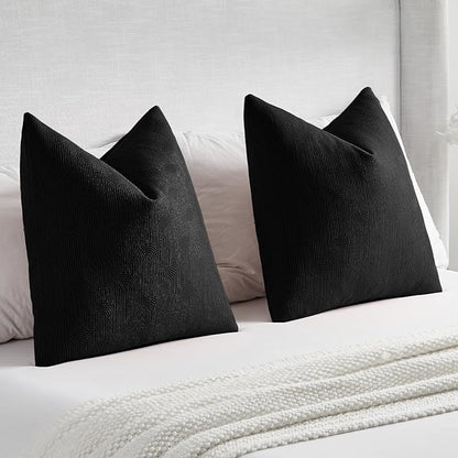FUTEI Black Chenille Decorative Throw Pillow Covers 16x16 Inch Set of 2,Soft Cozy Striped Geometric Patterns Cushion Cases,Modern Home Decor for Couch Bed Living Room