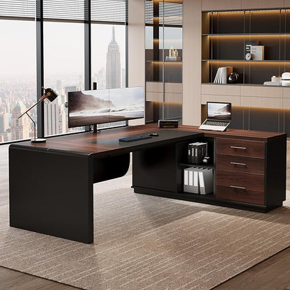 Tribesigns 81'' L-Shaped Executive Desk, Large Modern Office Desk with Drawers and File Cabinet for Home or Business Workspace, Computer Desk with Storage Shelves, Walnut & Black