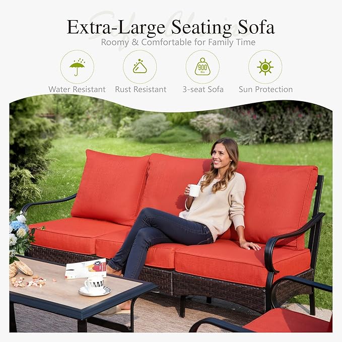 Sophia & William Patio Furniture Set with Fire Pit Table, 4PCS Metal Outdoor Conversation Set with Fire Pit Table, 2 Swivel Chairs,1 Loveseat,3-Seater Couch for Outdoor Seating,Backyard,Porch(Red)