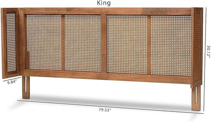 Eclectic Escape Mid-Century Modern Ash Wanut Finished Wood and Synthetic Rattan Wrap-Around Headboard King