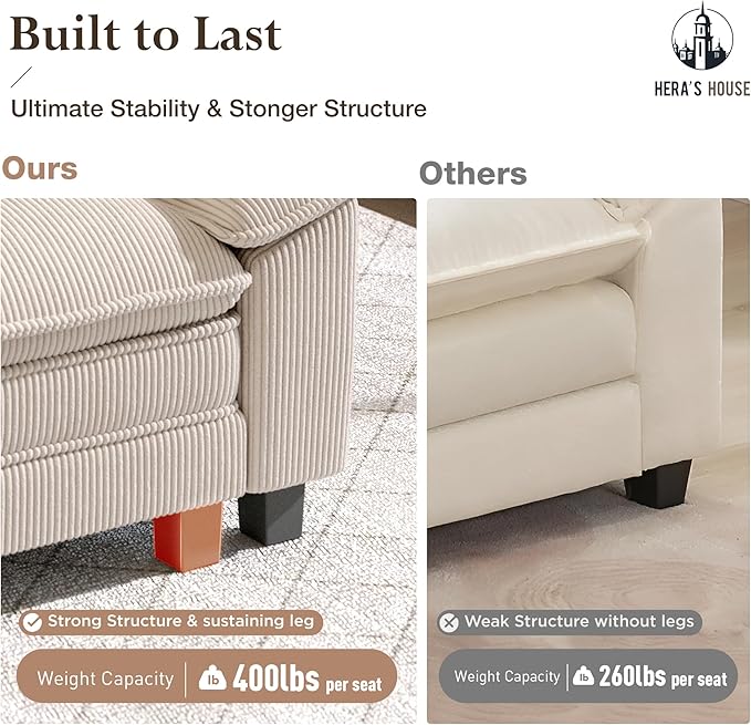 HERA'S HOUSE 158" Modular Sectional Sofa, Oversized U Shaped Couches for Living Room, Comfy Cloud Couch with Ottoman, 6-Seater Deep Seat Sofa with Throw Pillow, Corduroy Beige