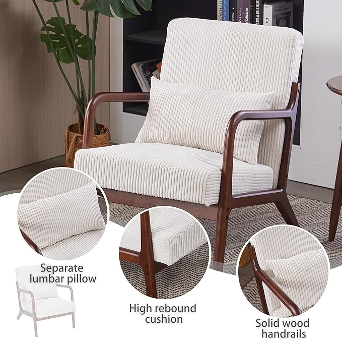 Accent Chairs, Set of 2 Mid-Century Modern Chair with Pillow, Armchair with Solid Wood, Reading Relaxing Leisure Chair for Living Room（White）