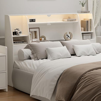 Queen/Full Headboard Queen Size with Storage, Wood Bookcase Headboard with Charging Station & 2 LED Lights, Modern Headboard Only for Queen Size Bed, Noise-Free, Sturdy and Durable, White