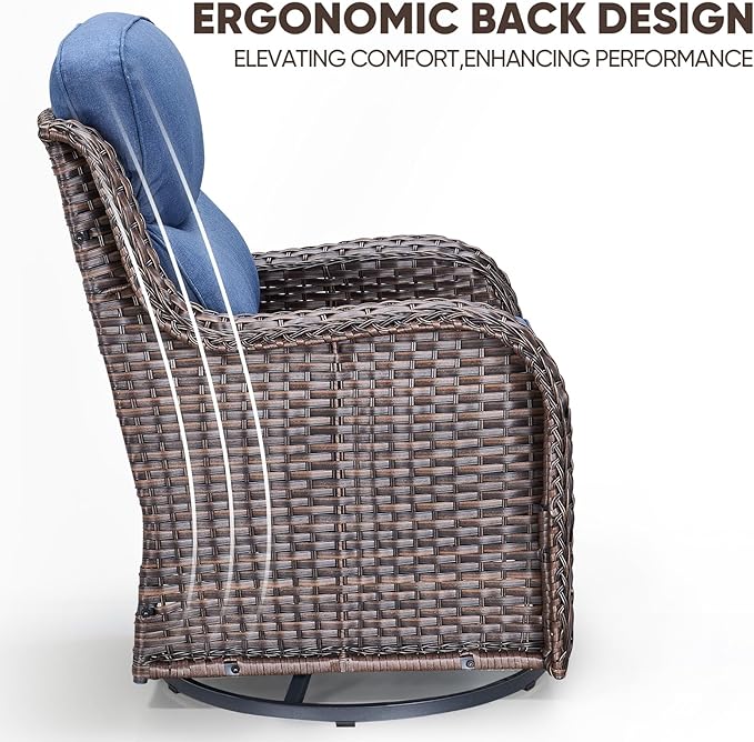 Swivel Patio Chairs Set of 3 with 6" Thick Cushion - Wicker Outdoor Swivel Rocker Patio Chairs with Side Table, High Back Comfortable Outdoor Glider Chairs - Brown Wicker Blue Cushion