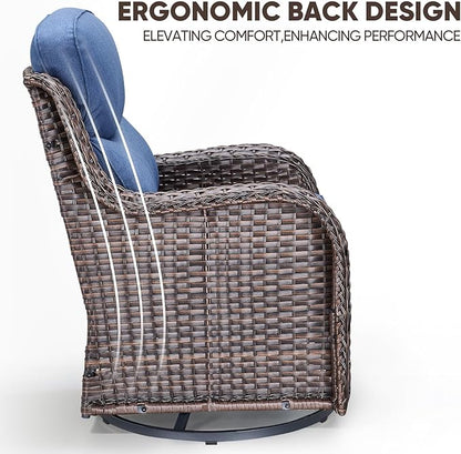 Swivel Patio Chairs sofa Set of 7 with 6" Thick Cushion - Wicker Outdoor Swivel Rocker Patio Chair ,Sofa/Glass coffee table, High Back Comfortable Outdoor Glider Chairs - Brown Wicker Blue Cushion