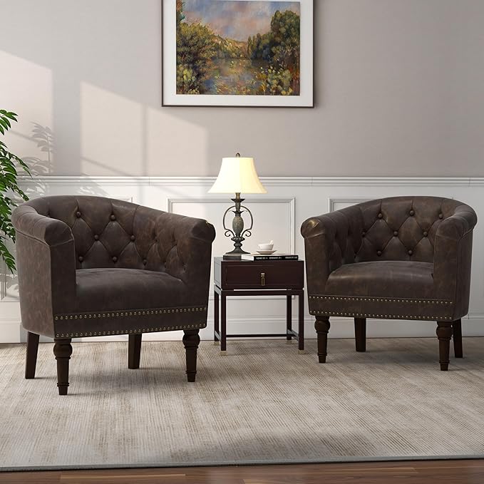 Lumibee Faux Leather Barrel Chairs, Upholstered Accent Chairs Set of 2 for Living Room, Modern Comfy Club Armchairs for Office, Bedroom, Waiting Room-Chocolate