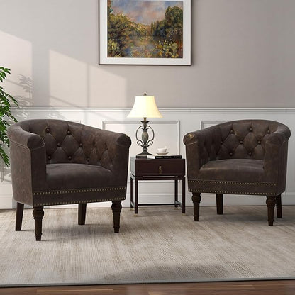 Lumibee Faux Leather Barrel Chairs, Upholstered Accent Chairs Set of 2 for Living Room, Modern Comfy Club Armchairs for Office, Bedroom, Waiting Room-Chocolate