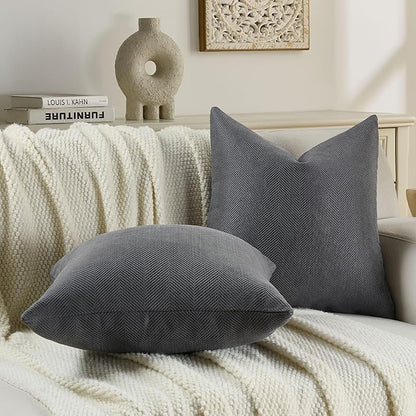 FUTEI Dark Grey Chenille Throw Pillow Covers 16x16 Inch Set of 2,Soft Wide Chevron Textured Cushion Case,Farmhouse Home Decor for Couch Bed Living Room