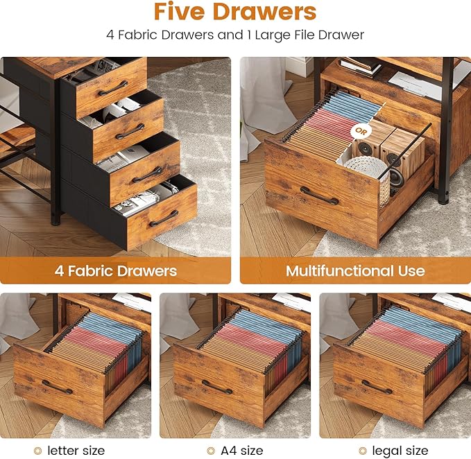 SEDETA Home Office Desk with File Drawer & Power Outlet, 75'' Large Computer Desk with 5 Drawer, Storage Shelves, Monitor Shelf and Led Lights, 23.6" W Desktop Gaming Desk, Rustic Brown