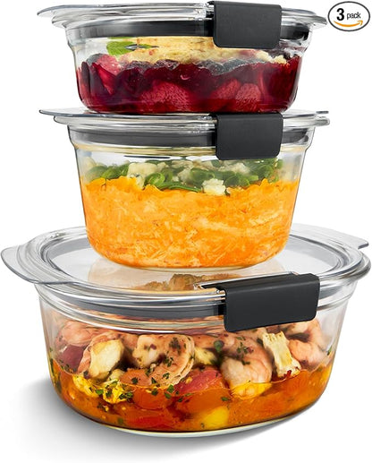 Rubbermaid Brilliance® Glass Round Leak-Proof 6-Piece Set Food Storage Containers, Food Containers with Lids, Meal Prep Containers