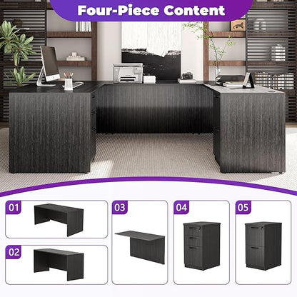 67'' U Shaped Bow Front Executive Desk with 2 Storage File Cabinets