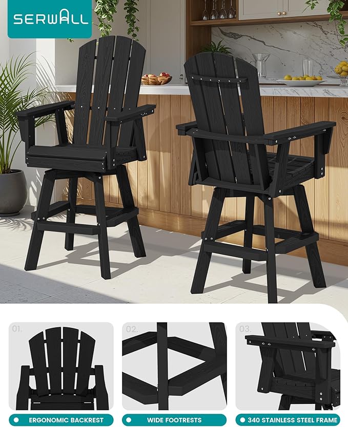SERWALL 3-Piece Swivel Adirondack Bar Set, HDPE Swivel Bar Height Chairs Set of 2 with Bar Table, All-Weather Outdoor Barstools for Patio, Poolside, Garden, Black