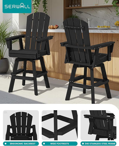 SERWALL 5-Piece Swivel Adirondack Bar Set, HDPE Swivel Bar Height Chairs Set of 4 with Bar Table, All-Weather Outdoor Barstools for Patio, Poolside, Garden, Black