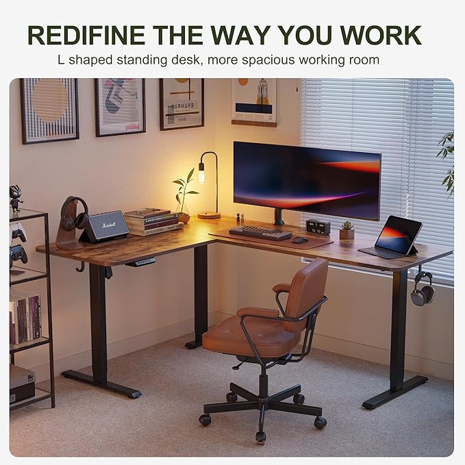 BANTI L-Shaped Standing Desk - 63 x 55 Inch Adjustable Corner Standing Desk with Charging Station - L Shape Sit Stand Table with Memory Controller, Splice Board for Home Office