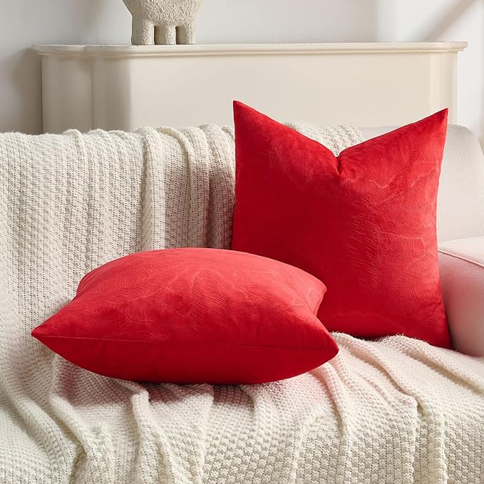 FUTEI Christmas Red Velvet Throw Pillow Covers 20x20 Inch Set of 2,Soft Embossed Leaf-Relief Textured Cushion Cases,Natural Home Decor for Couch Living Room