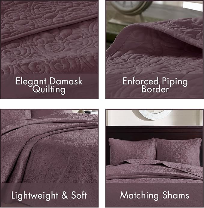 Madison Park Quebec Reversible Damask Design, Double Sided Quilting All Season, Lightweight Coverlet Bedspread Bedding Set, Matching Shams, King(120"x118"), Purple