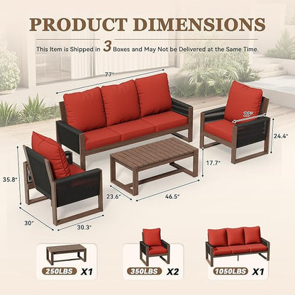 4 Piece Patio Furniture Set, Wooden Outdoor Furniture Conversation Set with Coffee Table, Modern PE Wicker Patio Chairs Conversation Sets with Sofa for Garden, Terrace, Porch, Balconies, Lawns