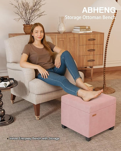 17.7 inches Velvet turfed Ottomans Cube with Storage, Metal-Framed Square Storage Ottoman Foot Rest Stool Holds 770 LB for Dorm Living Room Bedroom Pink UASND64P