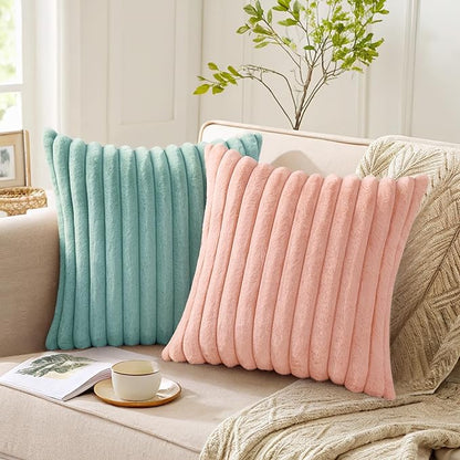 Pallene Faux Fur Plush Lumbar Throw Pillow Covers 12x20 Set of 2, Luxury Soft Fluffy Striped Decorative Pillow Covers for Sofa, Couch, Living Room, Pink