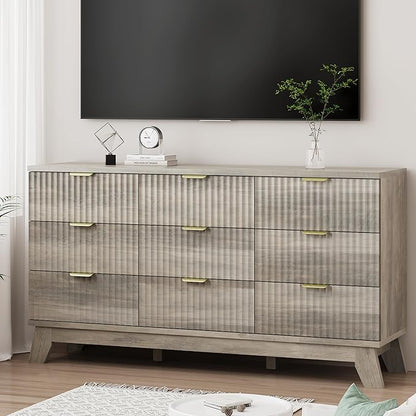 Fluted Dresser for Bedroom with 9 Drawers, 57" Wide Modern Chest of Drawers with Metal Handle, Wooden Dresser TV Stand, Wood Closet Clothes Storage Organizer for Living Room, Hallway, Grey