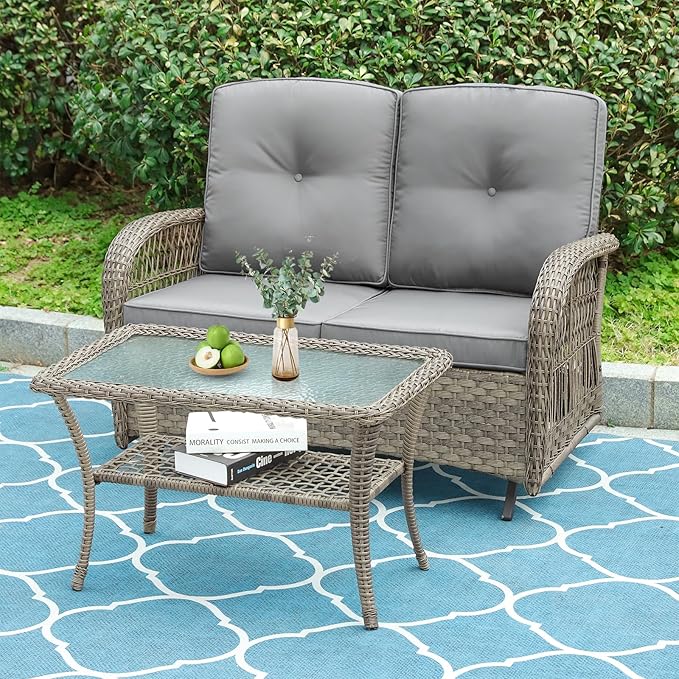 VIVIJASON 2-Piece Patio Wicker Loveseat Glider Set Cushioned, Outdoor Conversation Furniture Sets with 2-Seater Glider Rocking Bench, Coffee Table and Cushions for Porch Garden Poolside, Grey