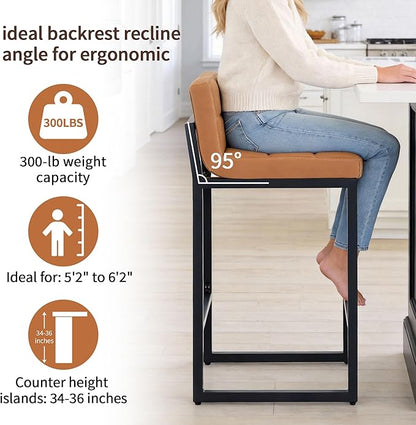 Bar Stools Set of 3, Upholstered PU Leather Counter Height Barstools with Low Back and Thickened Metal Legs, Modern Island Chairs for Kitchen Island (Caramel Brown, 3Pcs 26" Bar Stools)