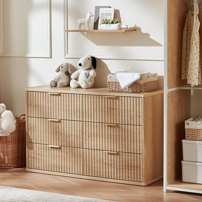 LEYAOYAO Fluted 6 Drawers Dresser Set of 2, 48" Wide Modern Chest of Drawers with Woodgrain Top, Curved Profile Design, Dresser TV Stand, Wooden Drawer Organizer for Bedroom, Living Room, Hallway,Wood