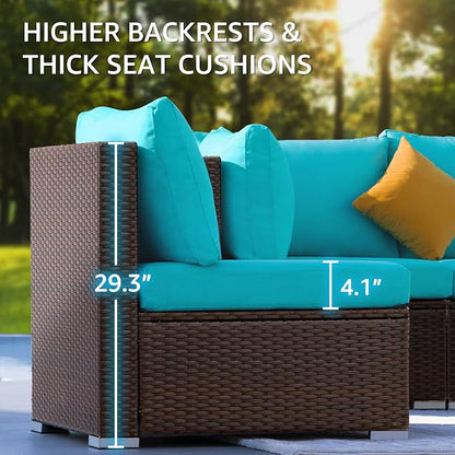 NICESOUL 7 Piece Patio Furniture Set with Natural Gas/Propane Firepit, 29.3'' High Back Comfy Outdoor Conversation Sofa Sets, Deep Seat Sectional Couch for Heavy Weight, Brown Rattan and Teal Cushion