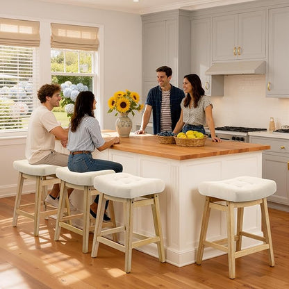 Counter Height Bar Stools Set of 3 for Kitchen Counter Farmhouse Modern Barstools with Upholstered Fabric Backless Seat and Solid Wood Legs 24 inch Bar Chairs, Khaki + Wood Color