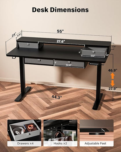 FiCiHi Adjustable Height Standing Desk with 4 Drawers,55 x 24 inches Electric Sit Stand Home Office Desk with Two Tiers, 3 Memory Presets, Monitor Stand Riser