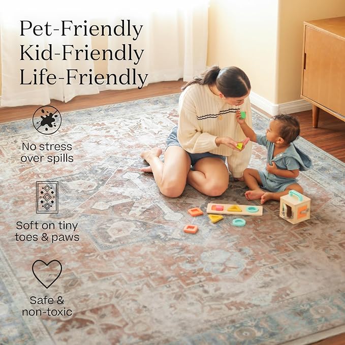 RUGGABLE Washable Vintage Area Rug – Verena Amber Red 6x9, Stain-Resistant, Non-Slip – Medium Machine Washable Rugs for Living Room, Bedroom, Hallway, Entryway & Office–with Standard Pad