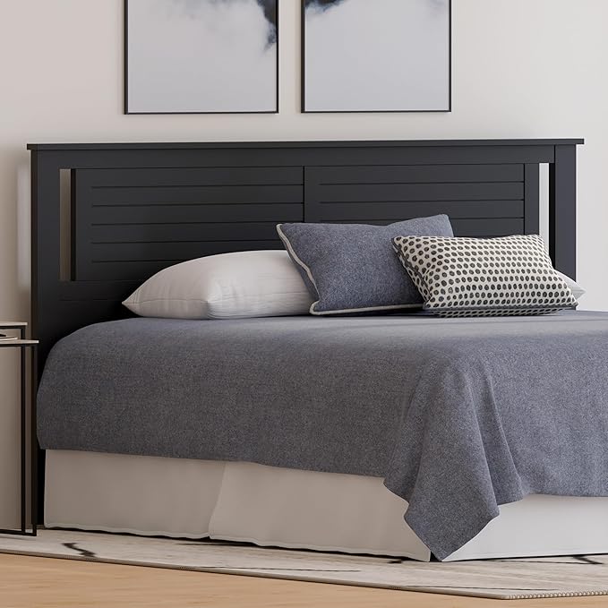 Serene Poplar Wood King Size Headboard in Black, Modern Farmhouse Panel with Horizontal Scoring, Casual Coastal Style, Easy Assembly, Quality Materials