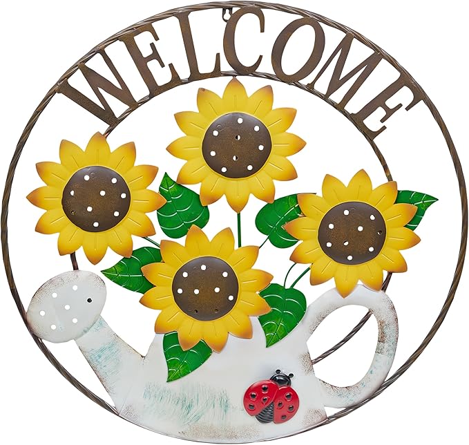 Alpine Corporation SCC580L Round Sunflowers Welcome Wall Decoration, Sign for Entryways, 30" H