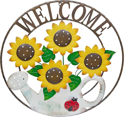 Alpine Corporation SCC580L Round Sunflowers Welcome Wall Decoration, Sign for Entryways, 30" H