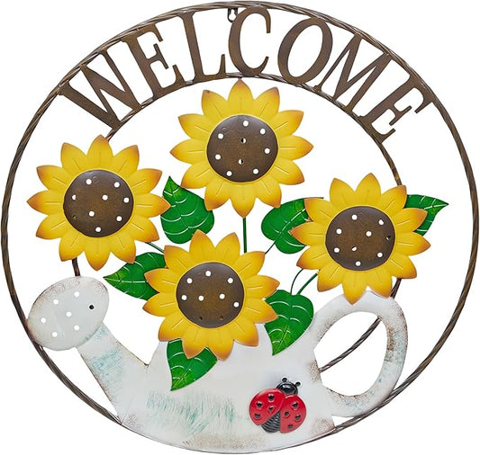 Alpine Corporation SCC580L Round Sunflowers Welcome Wall Decoration, Sign for Entryways, 30" H