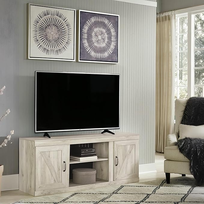 Signature Design by Ashley Bellaby Farmhouse Large TV Stand up to 60" with 3 Adjustable Shelves and Fireplace Option, White