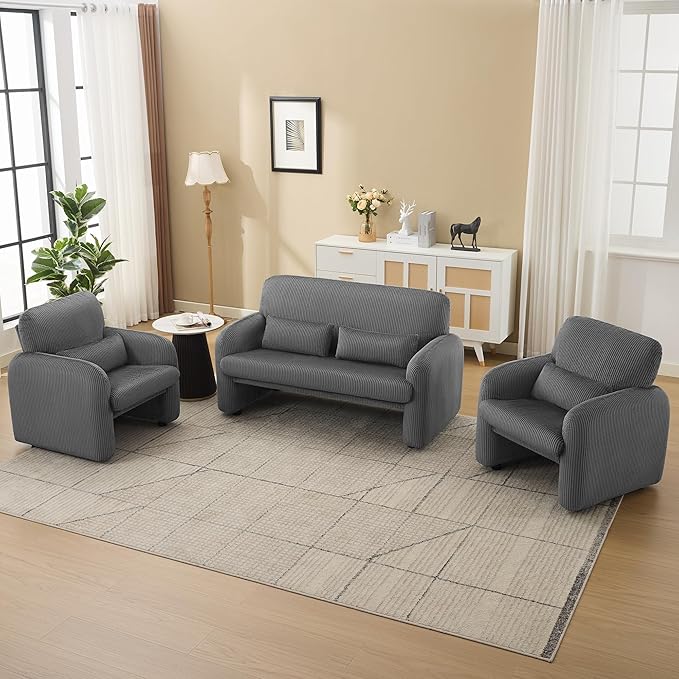 Corduroy Accent Living Room Sets, Modern Upholstered Love Seat with 2 Accent Chairs, Wide Comfy Leisure Chair Sets for Bedroom, Office, Grey