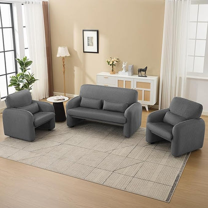Corduroy Accent Living Room Sets, Modern Upholstered Love Seat with 2 Accent Chairs, Wide Comfy Leisure Chair Sets for Bedroom, Office, Grey
