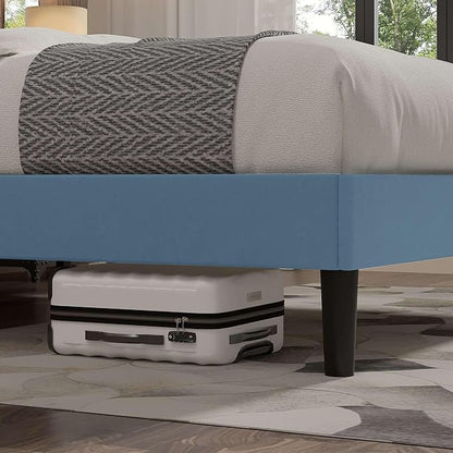 VECELO Full Size Bed Frame with Upholstered Headboard, Velvet Platform Bedframe Mattress Foundation, Strong Wood Slat Support, No Box Spring Needed,Sky Blue